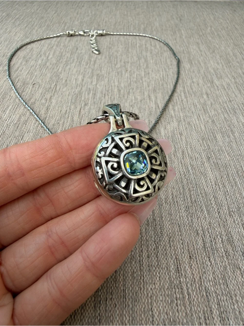 BRIGHTON Locket Celtic Blue Crystal Stone Long Filigree Silver Pendant Necklace - Picture 6 of 8